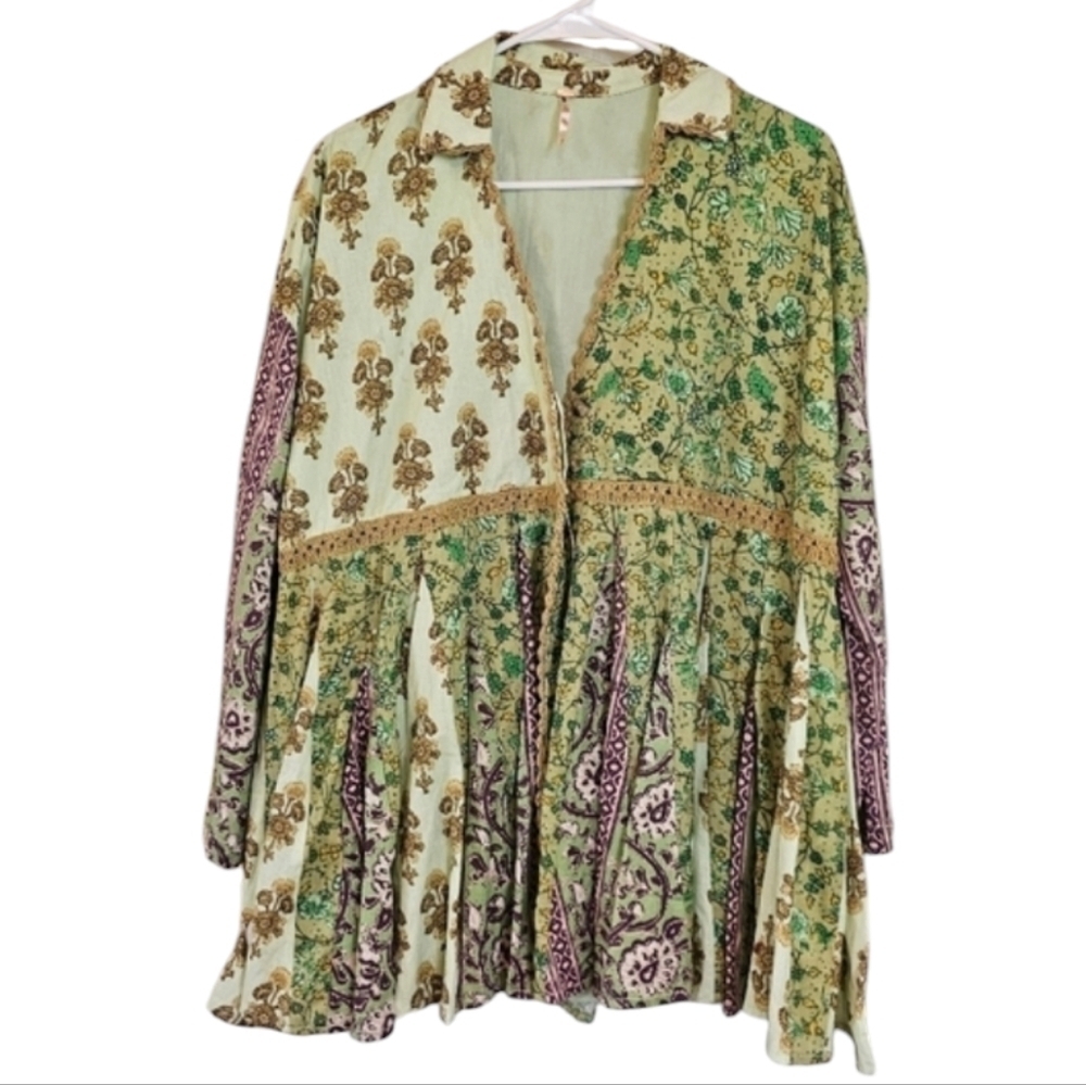 Free People Hazy Baby Printed Oversized Bohemian Mixed Printed Mini Dress Tunic - Picture 2 of 8